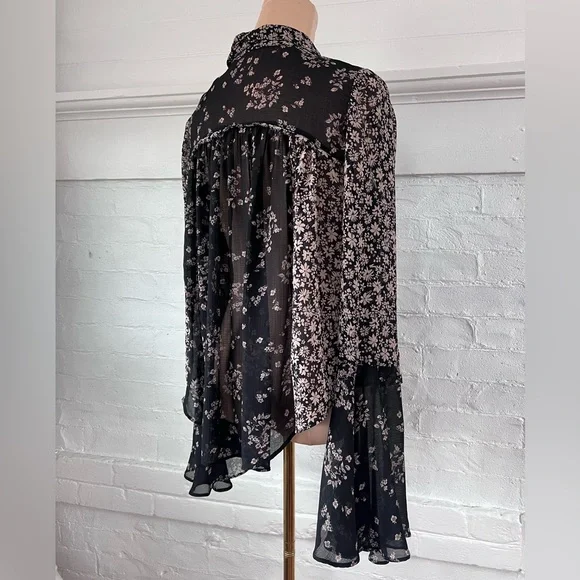 FreePeople Serena Black Floral Blouse Sheer Button Up Ditzy Cottage Witch Size M - Picture 7 of 16
